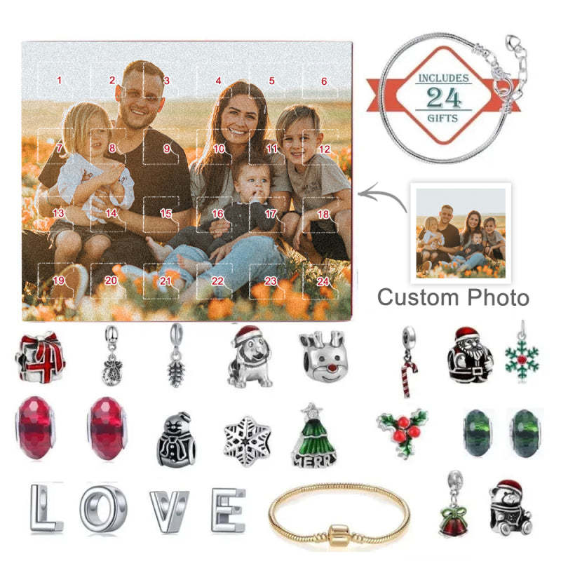 Bijoux Photo Personnalisés Calendrier De L'avent Breloque Photo Surprise De Noël Bracelet Boîte Aveugle 24 Calendrier Compte À Rebours Boîte Cadeau Bracelet Pour La Famille - votrecollierprenomfr