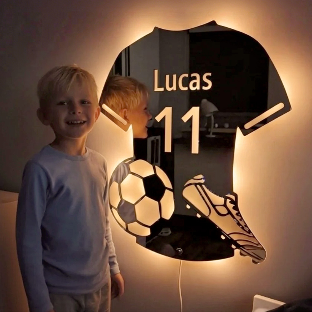 Miroir Lumineux Led Personnalisé Avec Nom De Joueur De Football - Décoration Murale Pour Chambre D'enfant - Cadeau
