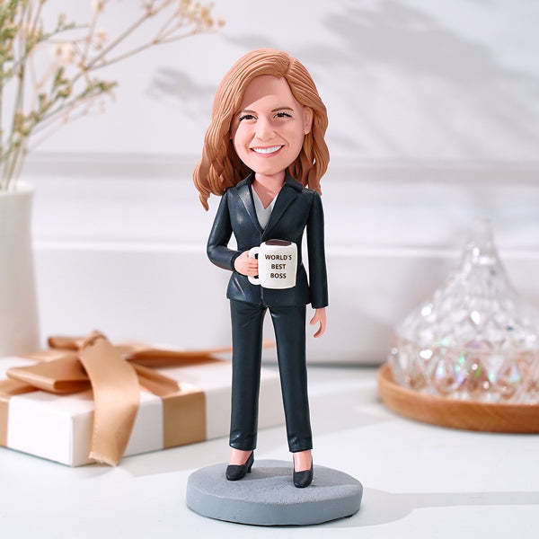 Cadeau De Noël Pour Femme D'affaires Cadeau Bobblehead Personnalisé Le Meilleur Patron Du Monde Tenant Un Verre D'eau - votrecollierprenomfr