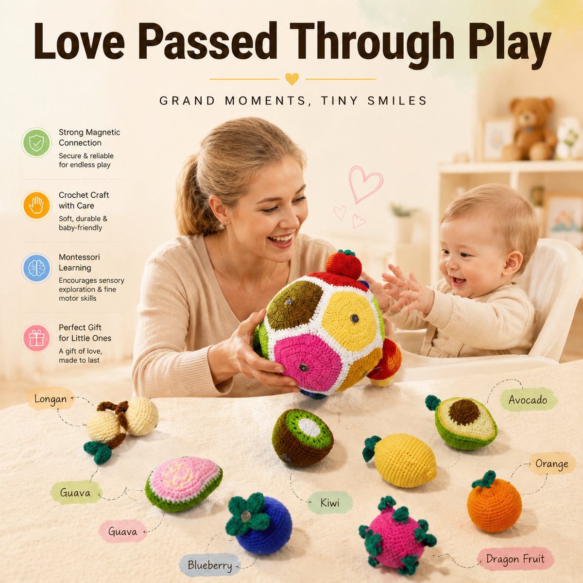 Boule De Puzzle De Fruits Au Crochet Montessori, Jouet Fait à La Main, Boule De Puzzle Assortie De Fruits, Jouet éducatif Pour Tout-petits - votrecollierprenomfr