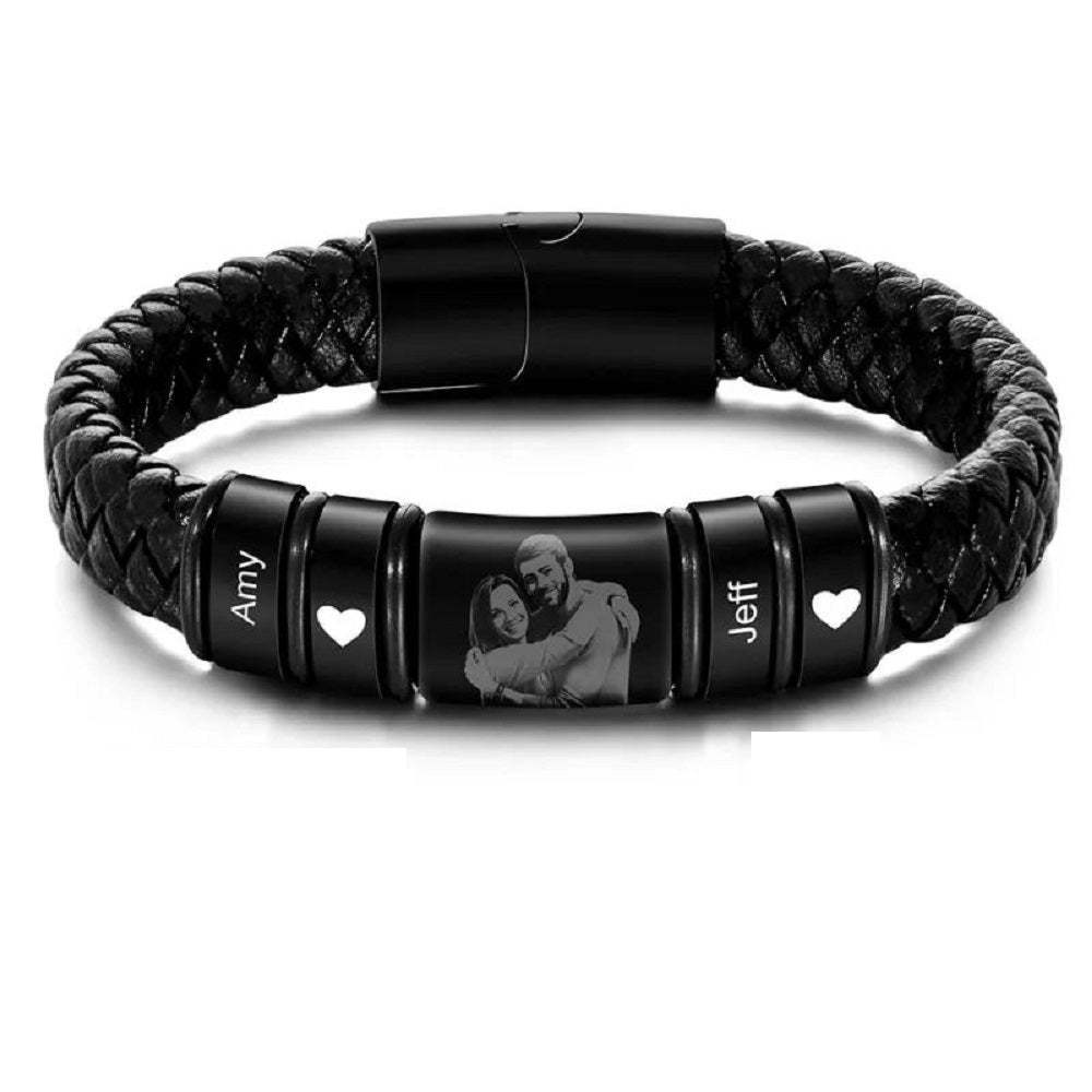 Bracelet En Cuir Avec Photo Gravée Personnalisée, Cadeau D'anniversaire Pour Homme - votrecollierprenomfr