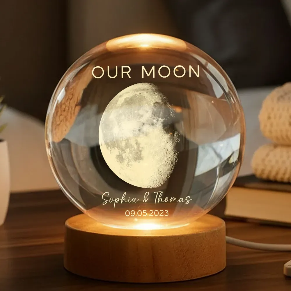 Veilleuse Led Boule De Cristal Personnalisée « notre Lune » Pour Une Journée Spéciale : Phase De Lune Personnalisée, Cadeau Romantique Pour Un Anniversaire Ou La Saint-valentin. - votrecollierprenomfr