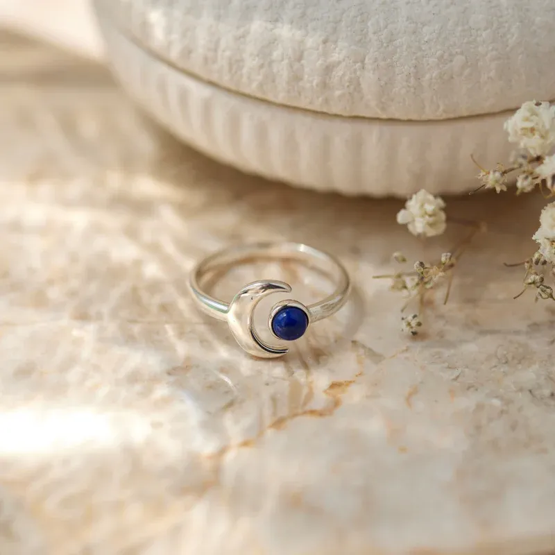 Bague Cosmique Lune Et Lapis-lazuli - Bague Déesse Lune En Argent Et Lapis-lazuli - votrecollierprenomfr