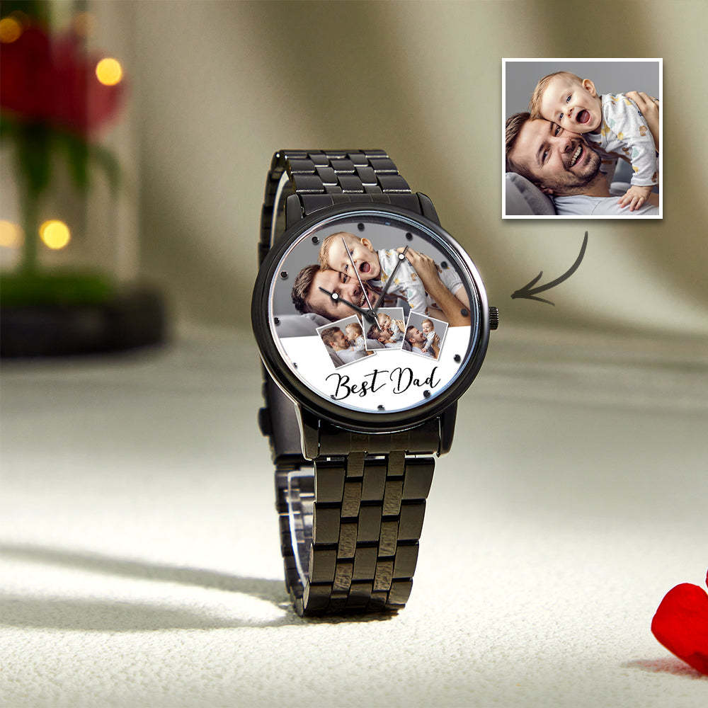 Bracelet En Alliage Noir Pour Hommes, Montre Photo Gravée Personnalisée, Cadeau De Fête Des Pères Pour Père - votrecollierprenomfr