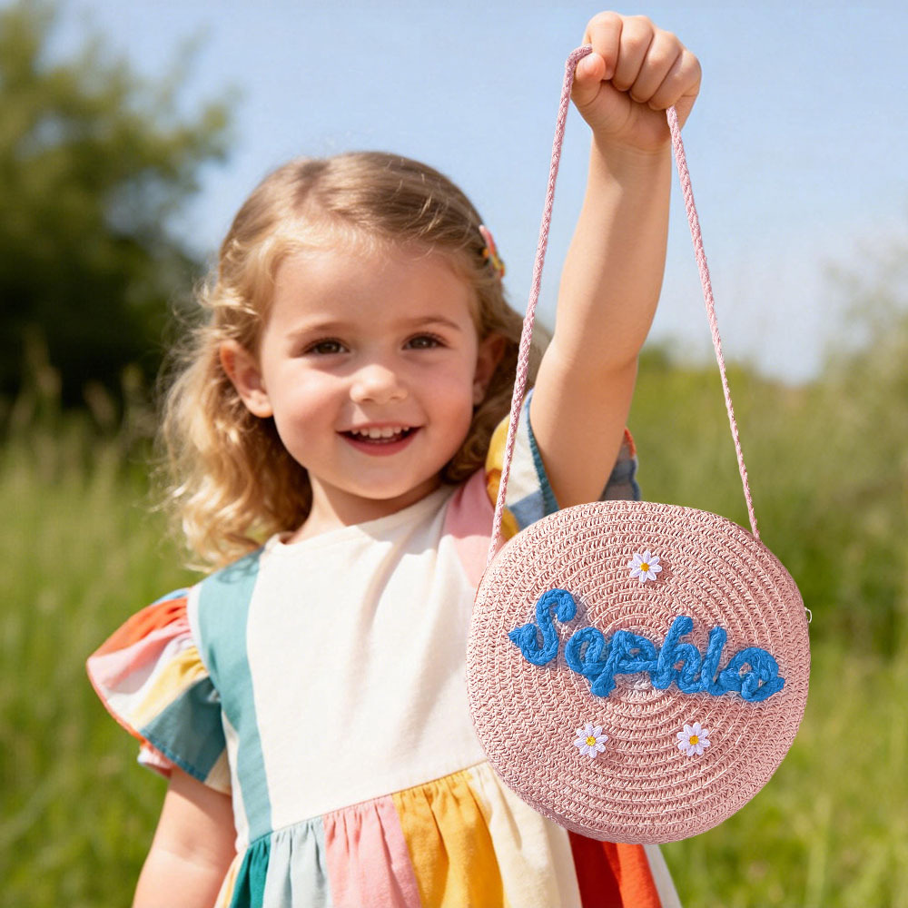 Sac Bandoulière En Paille À Fleurs Personnalisé Pour Enfants, Sac En Paille À Fleurs Personnalisé Avec Nom, Joli Sac En Paille Tressée Pour Enfants Avec Nom, Cadeau Pour Filles - votrecollierprenomfr