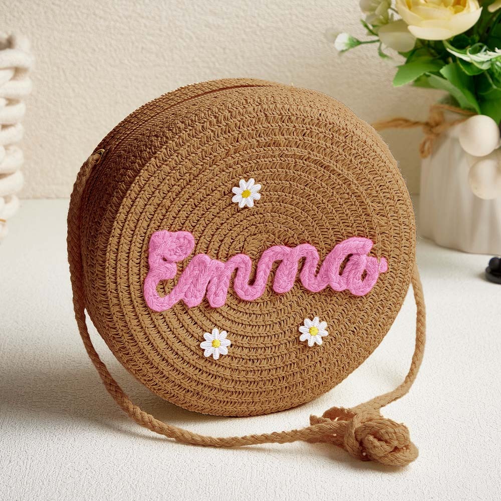 Sac Bandoulière En Paille À Fleurs Personnalisé Pour Enfants, Sac En Paille À Fleurs Personnalisé Avec Nom, Joli Sac En Paille Tressée Pour Enfants Avec Nom, Cadeau Pour Filles - votrecollierprenomfr