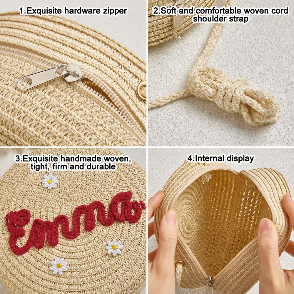 Sac Bandoulière En Paille À Fleurs Personnalisé Pour Enfants, Sac En Paille À Fleurs Personnalisé Avec Nom, Joli Sac En Paille Tressée Pour Enfants Avec Nom, Cadeau Pour Filles - votrecollierprenomfr