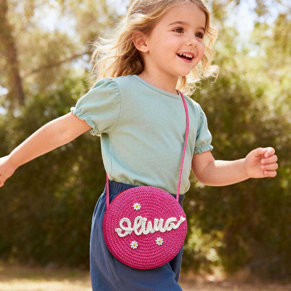 Sac Bandoulière En Paille À Fleurs Personnalisé Pour Enfants, Sac En Paille À Fleurs Personnalisé Avec Nom, Joli Sac En Paille Tressée Pour Enfants Avec Nom, Cadeau Pour Filles - votrecollierprenomfr