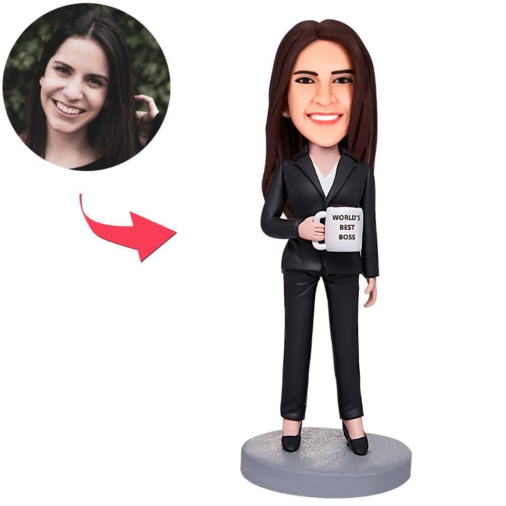 Cadeau De Noël Pour Femme D'affaires Cadeau Bobblehead Personnalisé Le Meilleur Patron Du Monde Tenant Un Verre D'eau - votrecollierprenomfr