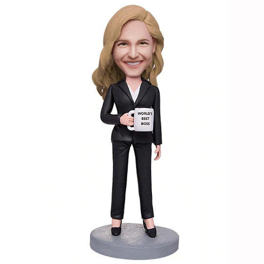 Cadeau D'affaires La Meilleure Femme D'affaires Patron Du Monde Tenant Un Verre D'eau Bobblehead Personnalisé Avec Texte Gravé - votrecollierprenomfr