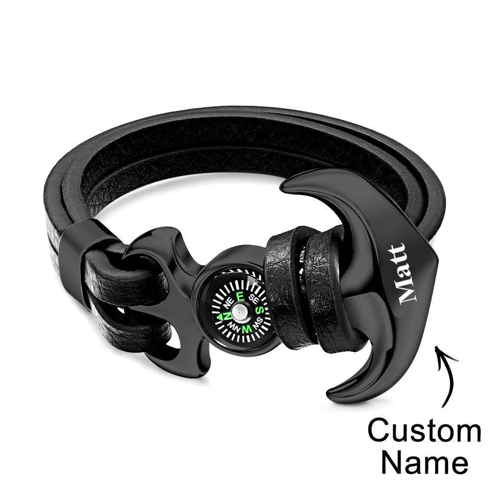 Bracelet Avec Nom Personnalisé, Ancre, Créatif, Sports De Plein Air, Boussole En Cuir - votrecollierprenomfr