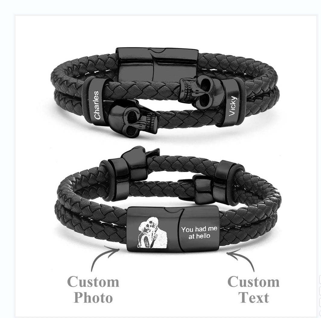 Bracelet En Cuir Avec Photo De Crâne Personnalisé, Bracelet Tressé Multicouche Gravé, Cadeaux Pour Hommes - votrecollierprenomfr