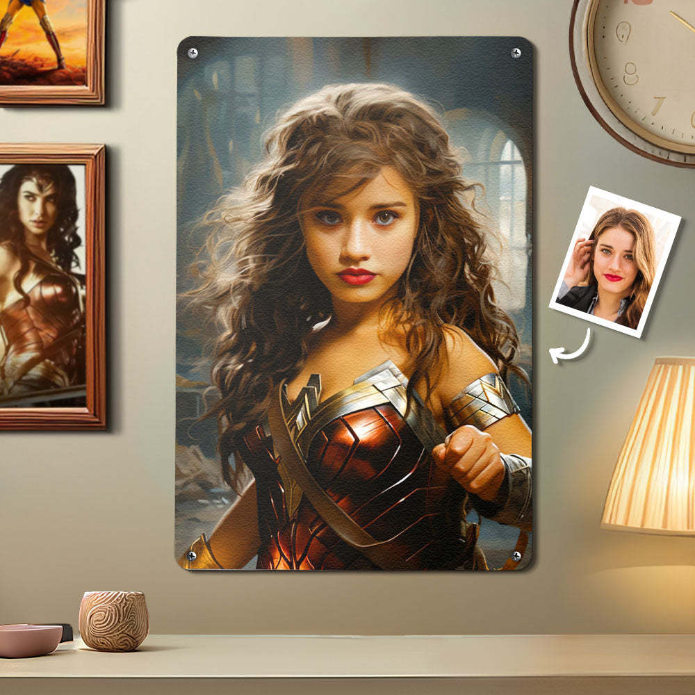 Affiche En Métal Personnalisée Avec Visage Wonder Woman, Portrait Photo Personnalisé, Cadeaux Pour Elle - votrecollierprenomfr