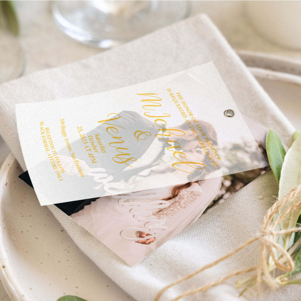 Carte Photo Personnalisée Avec Texte Suite D'invitation De Mariage Élégante Pour Les Couples - votrecollierprenomfr