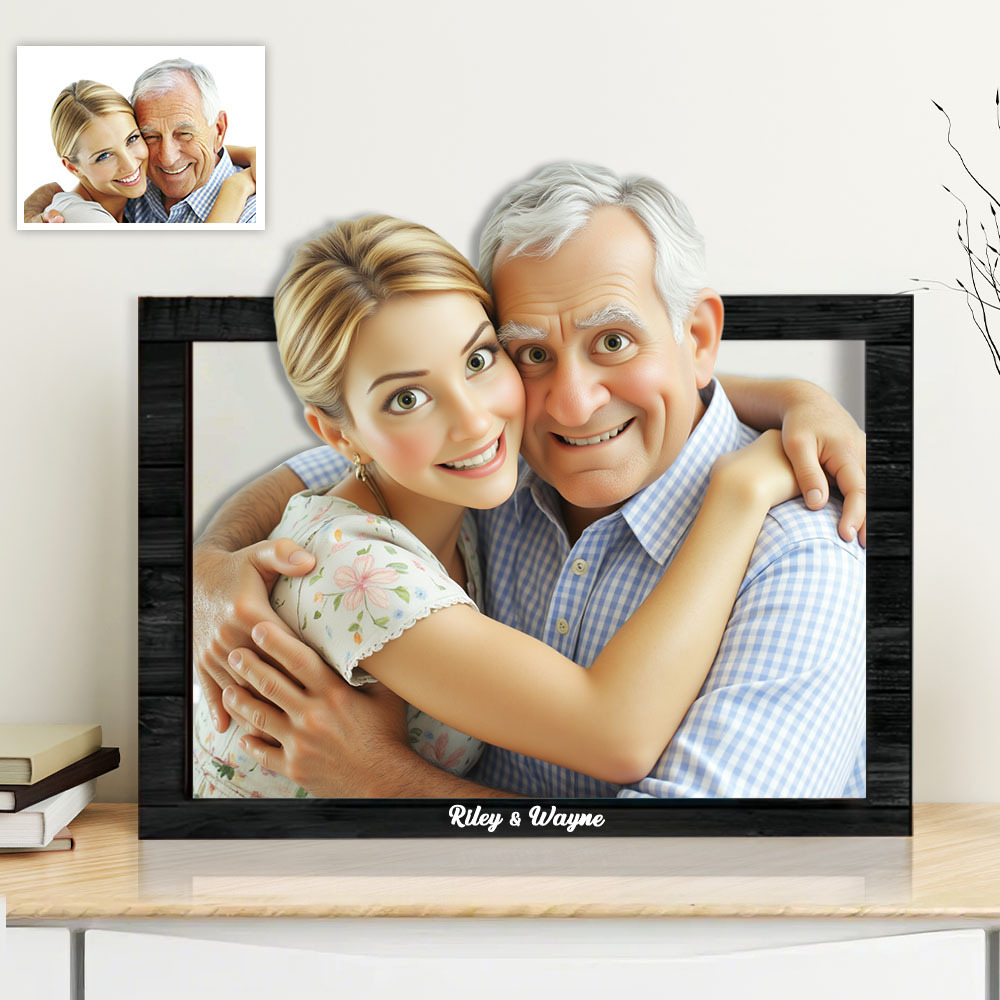 Father’s Day Gift – Custom 3D Cartoon Portrait Wooden Frame Personalized Family Photo Comic Sign for Dad