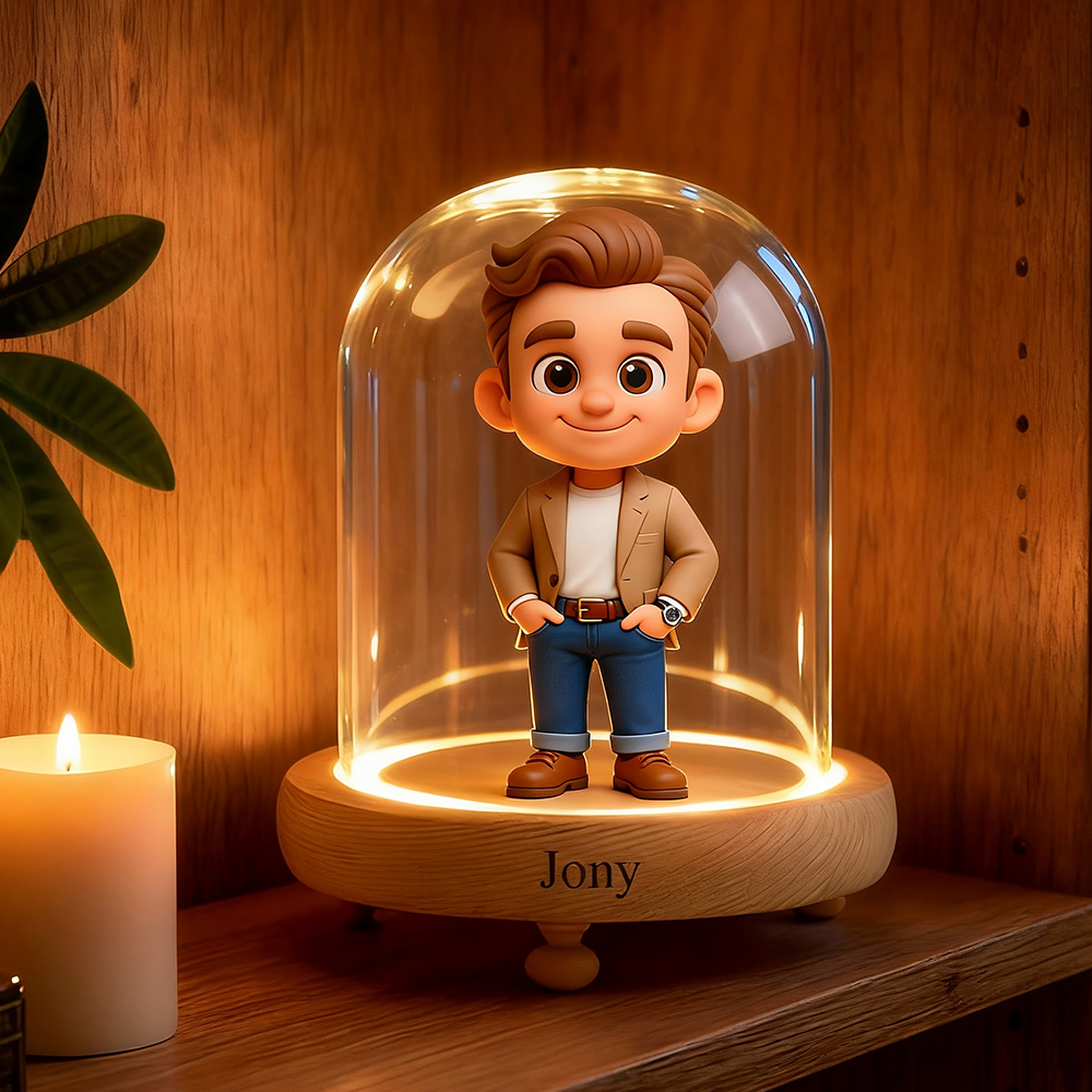 Lampe De Nuit 3d Personnalisée Avec Figurine Articulée Et Socle Gravé À Partir De Votre Photo, Sous Cloche En Verre. Cadeau Unique Et Personnalisé Pour Votre Amoureux(se) Ou Pour Un Anniversaire. Idéale Pour La Saint-valentin. - votrecollierprenomfr