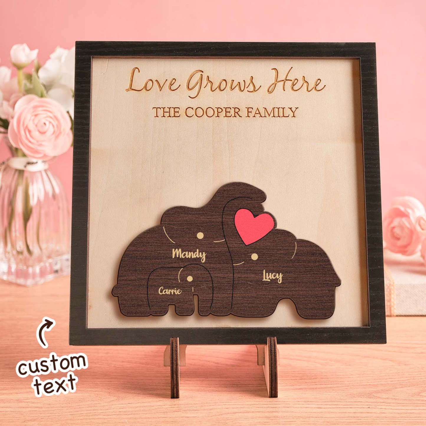 Puzzle Familial D'éléphants Avec Nom Personnalisé, Cadre En Bois, Décorations De Maison En Bois Personnalisées, Cadeau De Fête Des Mères - votrecollierprenomfr