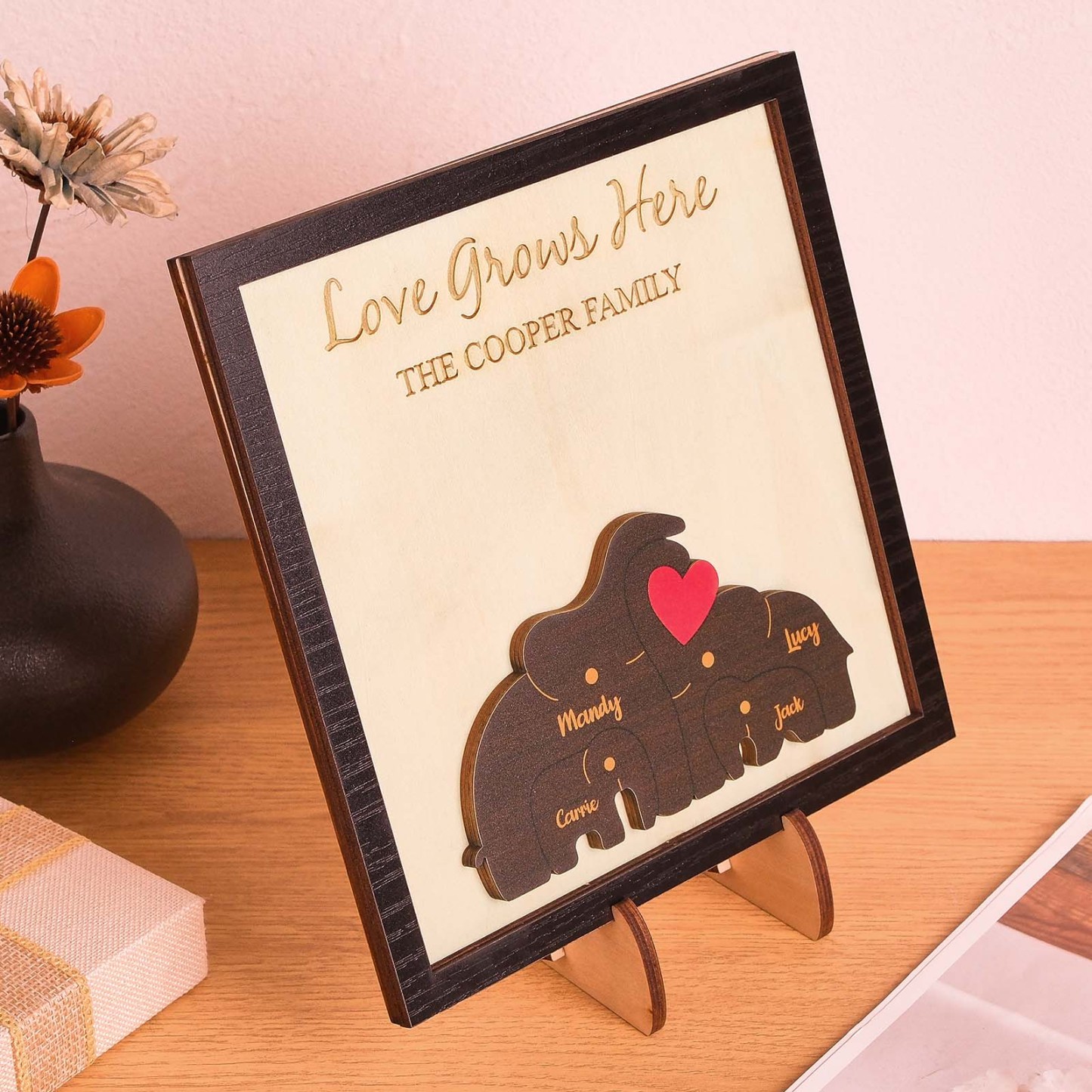 Puzzle Familial D'éléphants Avec Nom Personnalisé, Cadre En Bois, Décorations De Maison En Bois Personnalisées, Cadeau De Fête Des Mères - votrecollierprenomfr