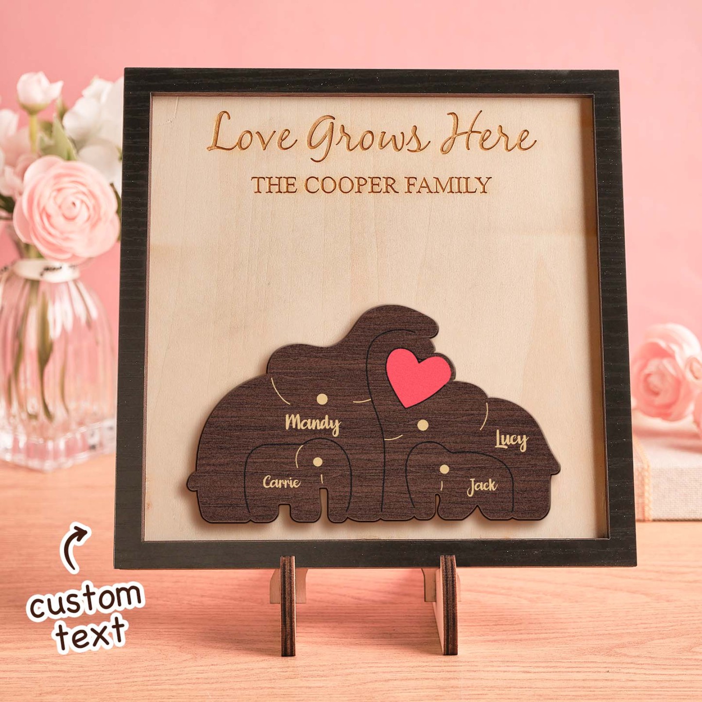 Puzzle Familial D'éléphants Avec Nom Personnalisé, Cadre En Bois, Décorations De Maison En Bois Personnalisées, Cadeau De Fête Des Mères - votrecollierprenomfr
