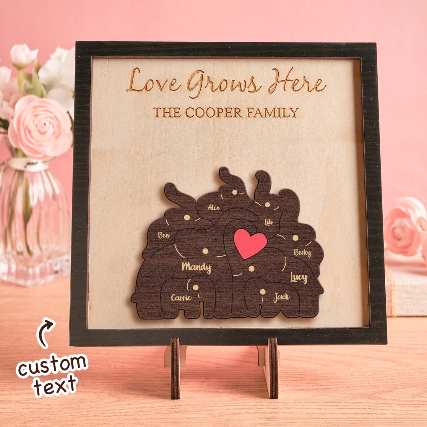 Puzzle Familial D'éléphants Avec Nom Personnalisé, Cadre En Bois, Décorations De Maison En Bois Personnalisées, Cadeau De Fête Des Mères - votrecollierprenomfr