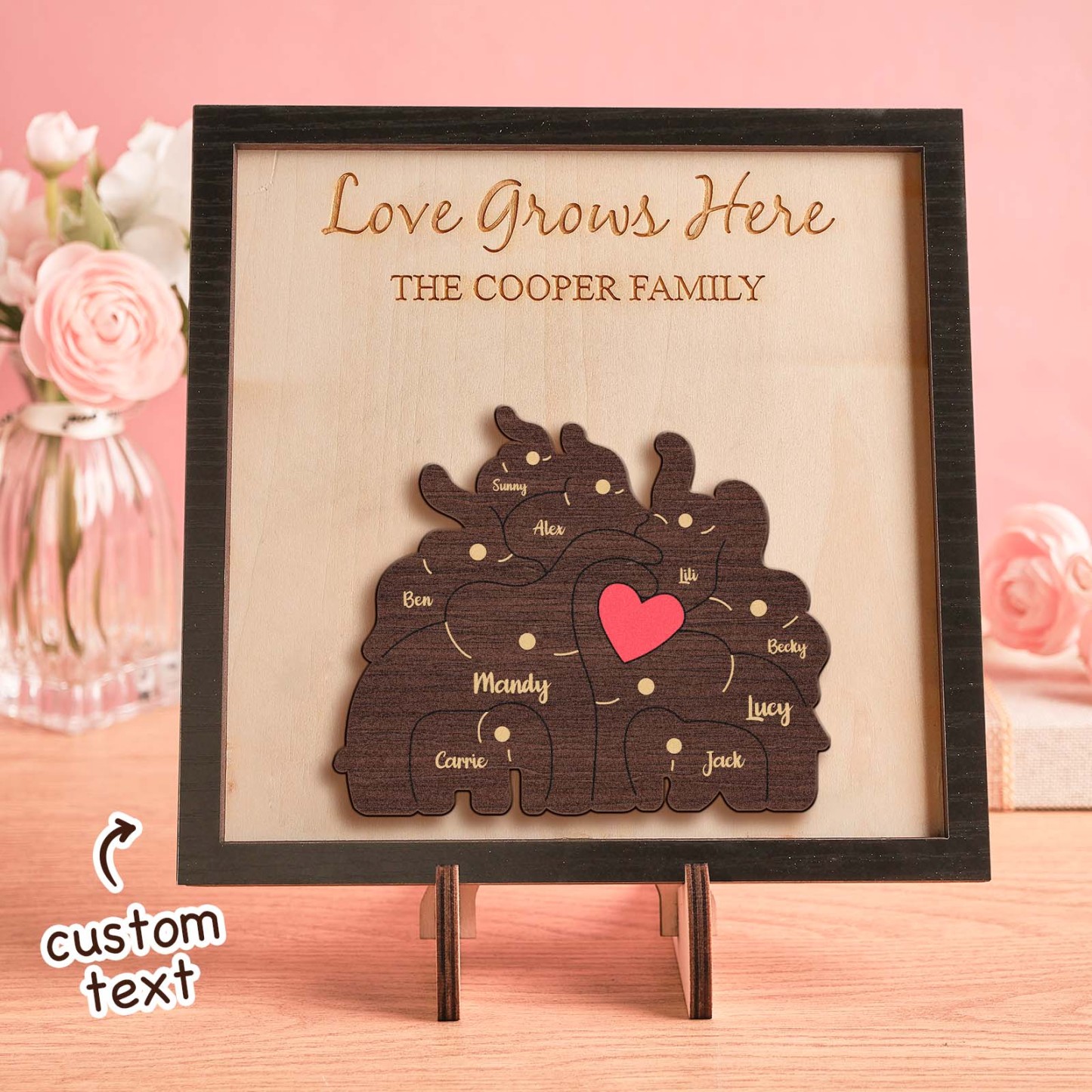 Puzzle Familial D'éléphants Avec Nom Personnalisé, Cadre En Bois, Décorations De Maison En Bois Personnalisées, Cadeau De Fête Des Mères - votrecollierprenomfr