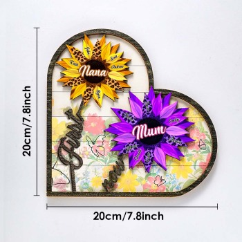 Plaque En Bois Avec Noms Personnalisés, Cadeaux De Tournesol En Forme De Cœur Pour Maman, Décoration De Maison Familiale Pour Grand-mère - votrecollierprenomfr