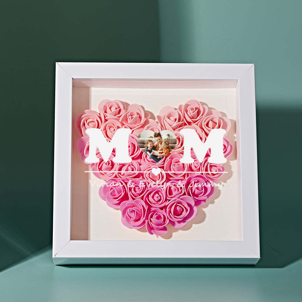 Photo Personnalisée Fleur Shadow Box Personnalisé Coeur Dégradé Fleur Rose Shadowbox Cadre Cadeau Pour Maman - votrecollierprenomfr