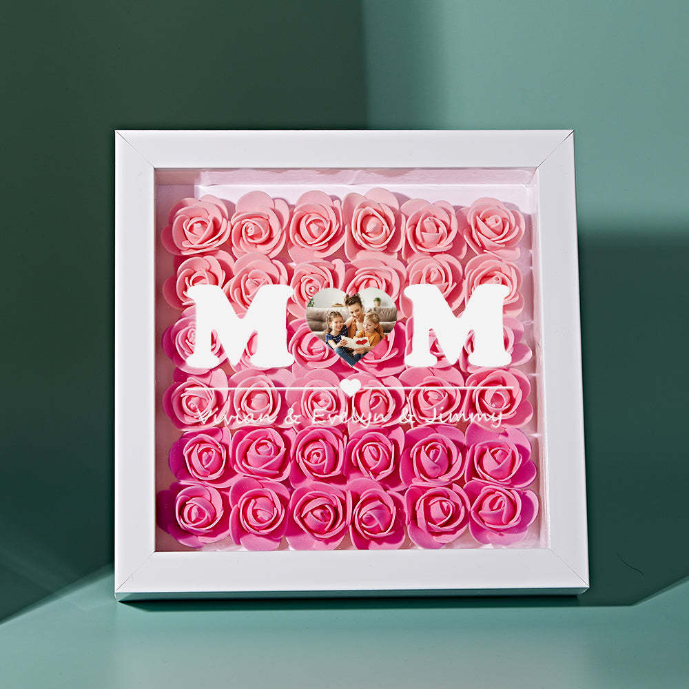 Photo Personnalisée Fleur Shadow Box Personnalisé Coeur Dégradé Fleur Rose Shadowbox Cadre Cadeau Pour Maman - votrecollierprenomfr