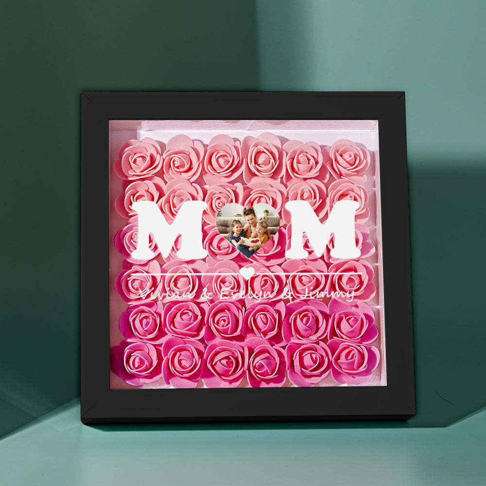 Photo Personnalisée Fleur Shadow Box Personnalisé Coeur Dégradé Fleur Rose Shadowbox Cadre Cadeau Pour Maman - votrecollierprenomfr