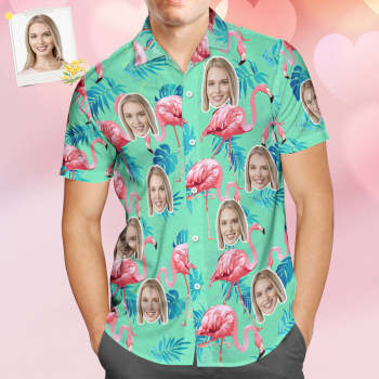 Chemise Hawaïenne Avec Visage Personnalisé, Chemise Tropicale Flamant Rose, Tenue De Couple, Imprimé Sur Tout Le Vert Et Les Feuilles De Palmier - votrecollierprenomfr