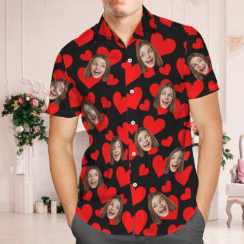 Chemise Hawaïenne Avec Visage Personnalisé, Chemise Tropicale Flamant Rose Pour Hommes, Lèvres Rouges Imprimées Partout, Cadeaux De Saint-valentin - votrecollierprenomfr