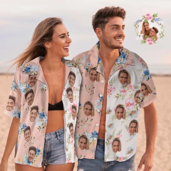 Chemise Hawaïenne Avec Visage Personnalisé, Tenue De Couple, Chemise Imprimée En Patchwork, Cadeaux De Saint-valentin - votrecollierprenomfr