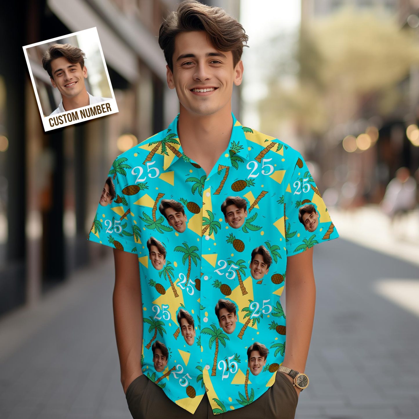 Chemise Hawaïenne Personnalisée Avec Visage Et Chiffres Multicolores, Cocotier Et Ananas, Cadeau Pour Hommes - votrecollierprenomfr