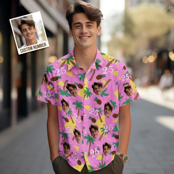Chemise Hawaïenne Personnalisée Avec Visage Et Chiffres Multicolores, Cocotier Et Ananas, Cadeau Pour Hommes - votrecollierprenomfr
