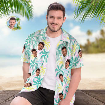 Chemise Hawaïenne Visage Personnalisé Vibe Vocation Chemise Hawaïenne Pour Hommes Palmiers Colorés - votrecollierprenomfr