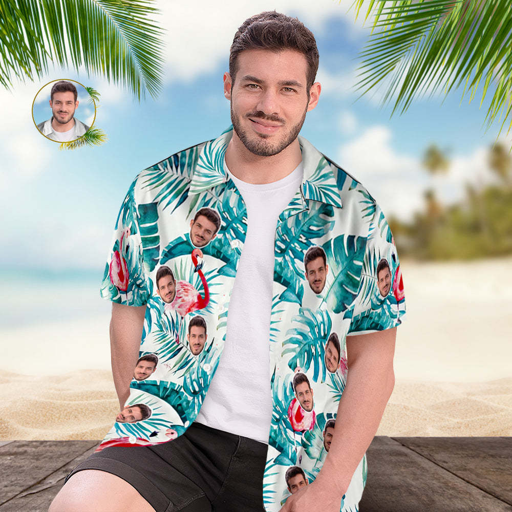 Chemise Hawaïenne Visage Personnalisé Été Flamant Rose Feuilles Visage Chemise Hawaïenne - votrecollierprenomfr