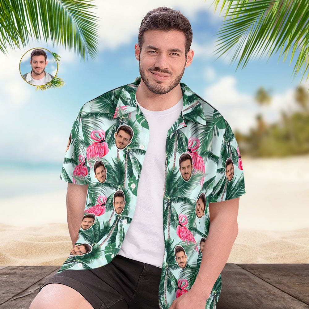 Chemise Hawaïenne Avec Visage Personnalisé, Cocotier Vert, Flamant Rose, Chemise Hawaïenne De Style Tropical - votrecollierprenomfr