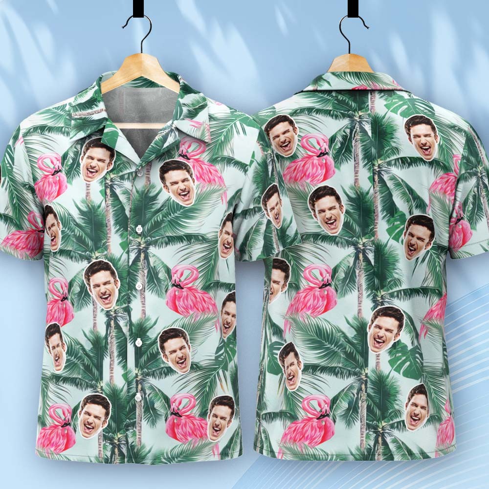 Chemise Hawaïenne Avec Visage Personnalisé, Cocotier Vert, Flamant Rose, Chemise Hawaïenne De Style Tropical - votrecollierprenomfr