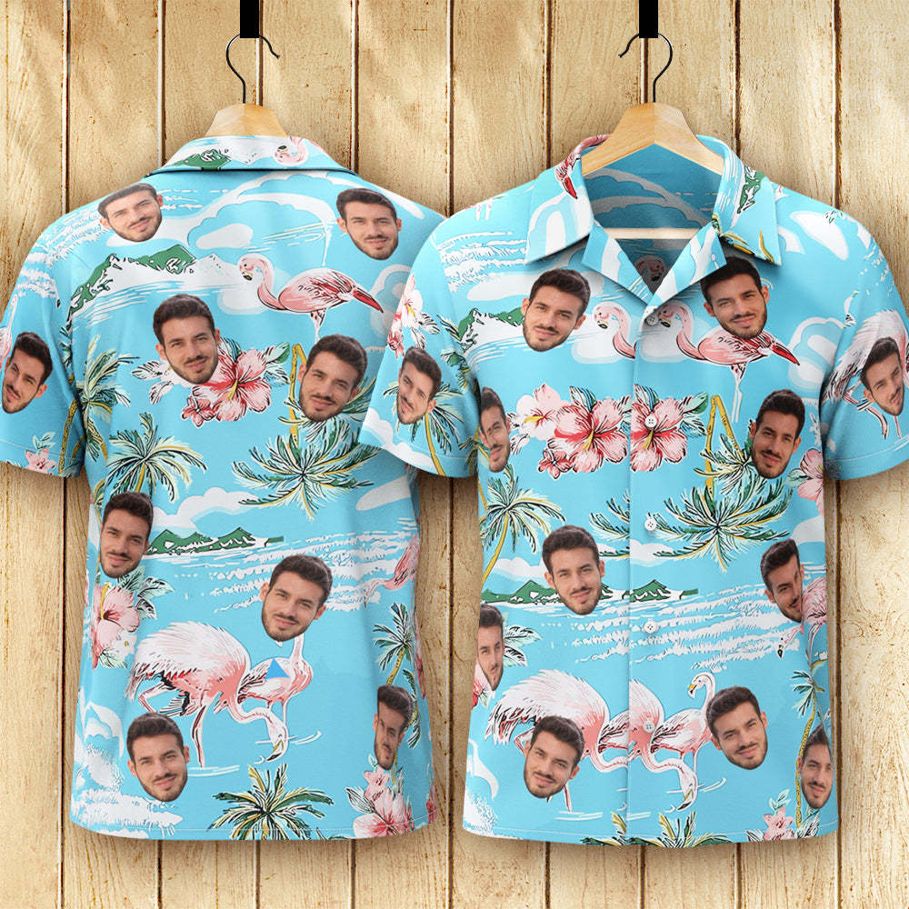 Chemise Hawaïenne Personnalisée Pour Hommes, Cadeau De Chemise Aloha Imprimé Partout - Flamants Roses Et Fleurs - votrecollierprenomfr