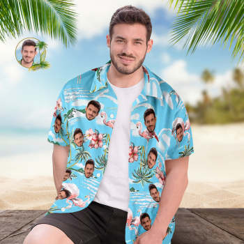Chemise Hawaïenne Personnalisée Pour Hommes, Cadeau De Chemise Aloha Imprimé Partout - Flamants Roses Et Fleurs - votrecollierprenomfr