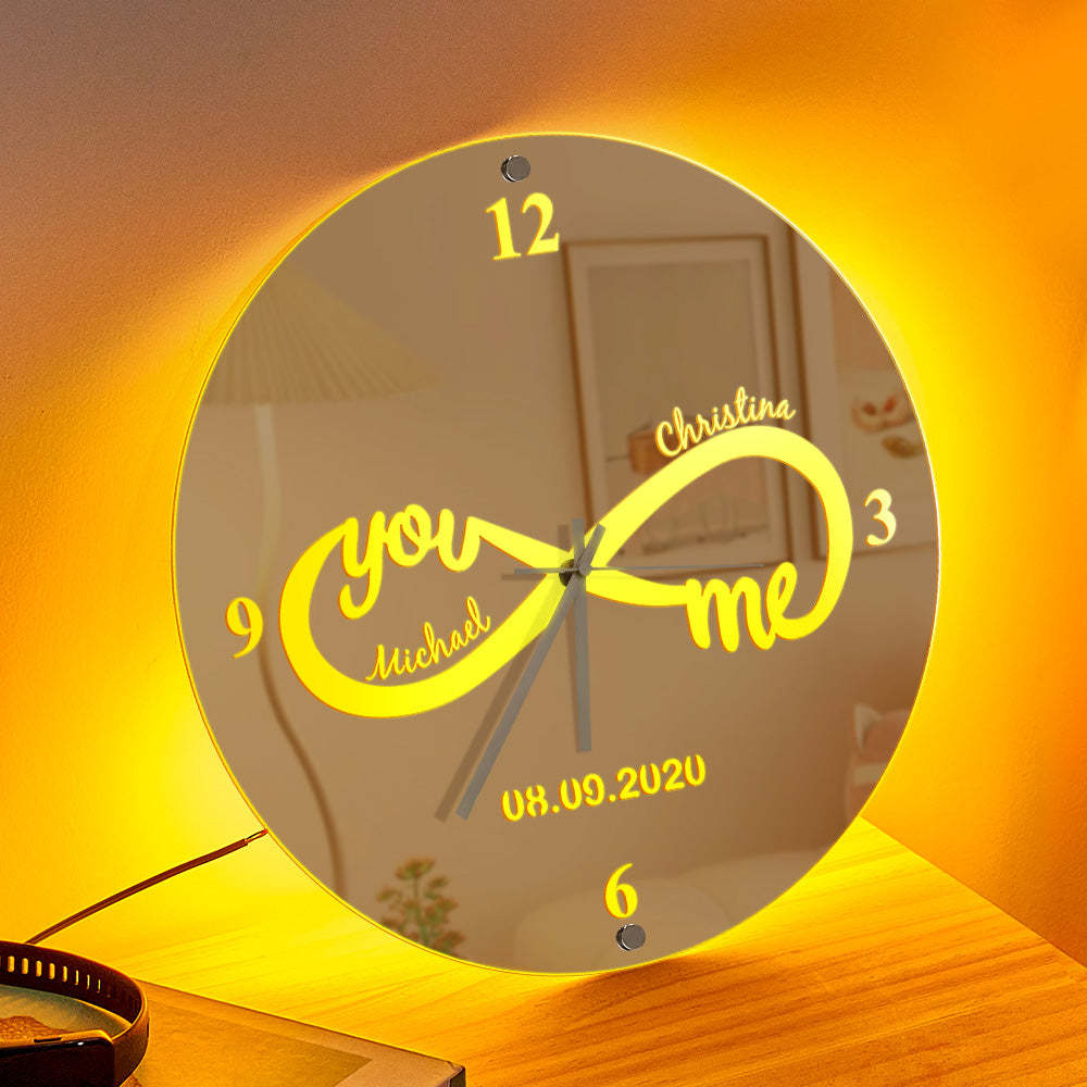 Horloge Personnalisée Avec Nom Infini, You & Me, Miroir De Date Personnalisé, Décoration Murale Lumineuse - votrecollierprenomfr