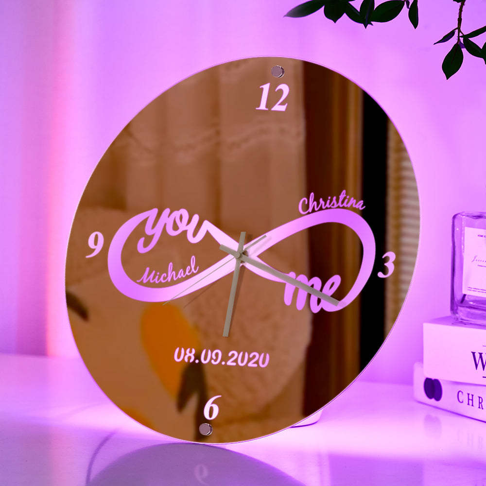 Horloge Personnalisée Avec Nom Infini, You & Me, Miroir De Date Personnalisé, Décoration Murale Lumineuse - votrecollierprenomfr