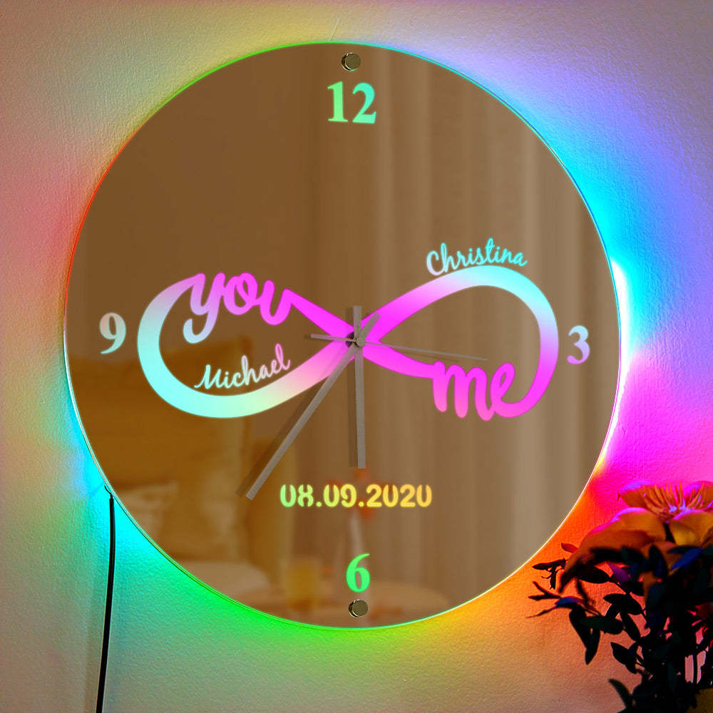 Horloge Personnalisée Avec Nom Infini, You & Me, Miroir De Date Personnalisé, Décoration Murale Lumineuse - votrecollierprenomfr