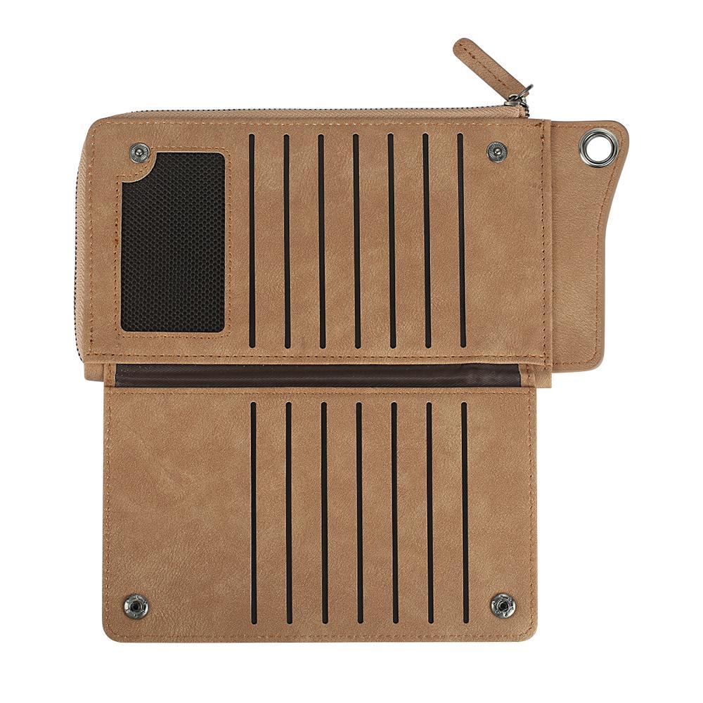 Engraved Long Style Photo Wallet - Light Khaki Leather