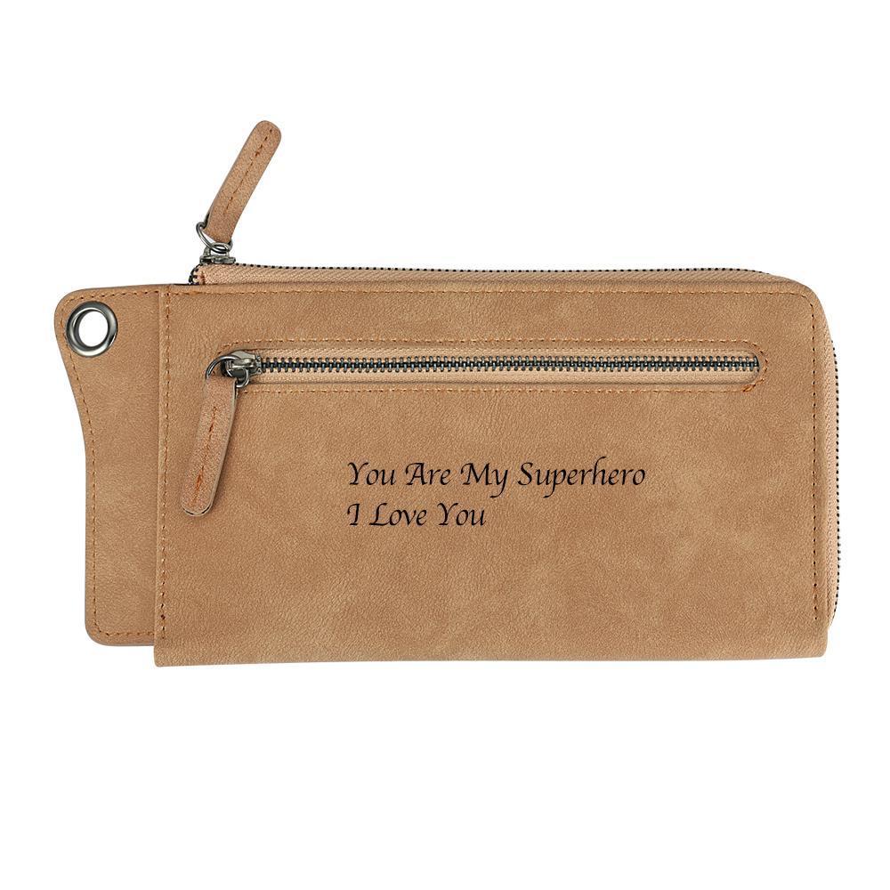 Engraved Long Style Photo Wallet - Light Khaki Leather