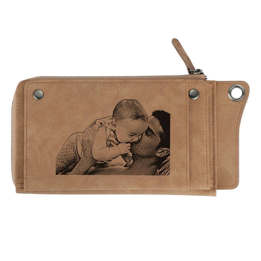 Engraved Long Style Photo Wallet - Light Khaki Leather