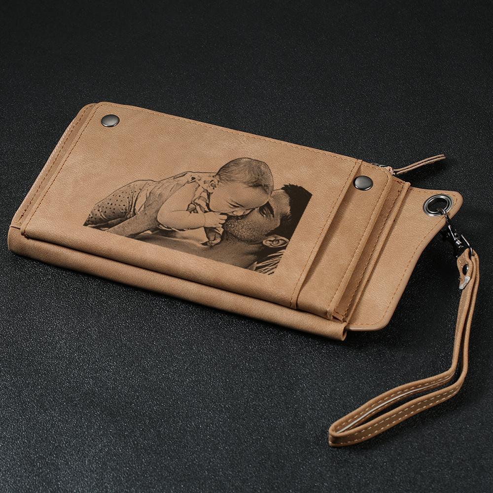 Engraved Long Style Photo Wallet - Light Khaki Leather