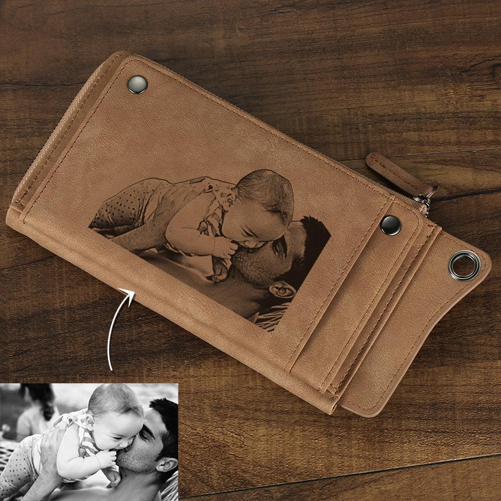 Engraved Long Style Photo Wallet - Light Khaki Leather