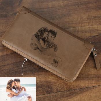 Engraved Long Style Photo Wallet - Brown Leather