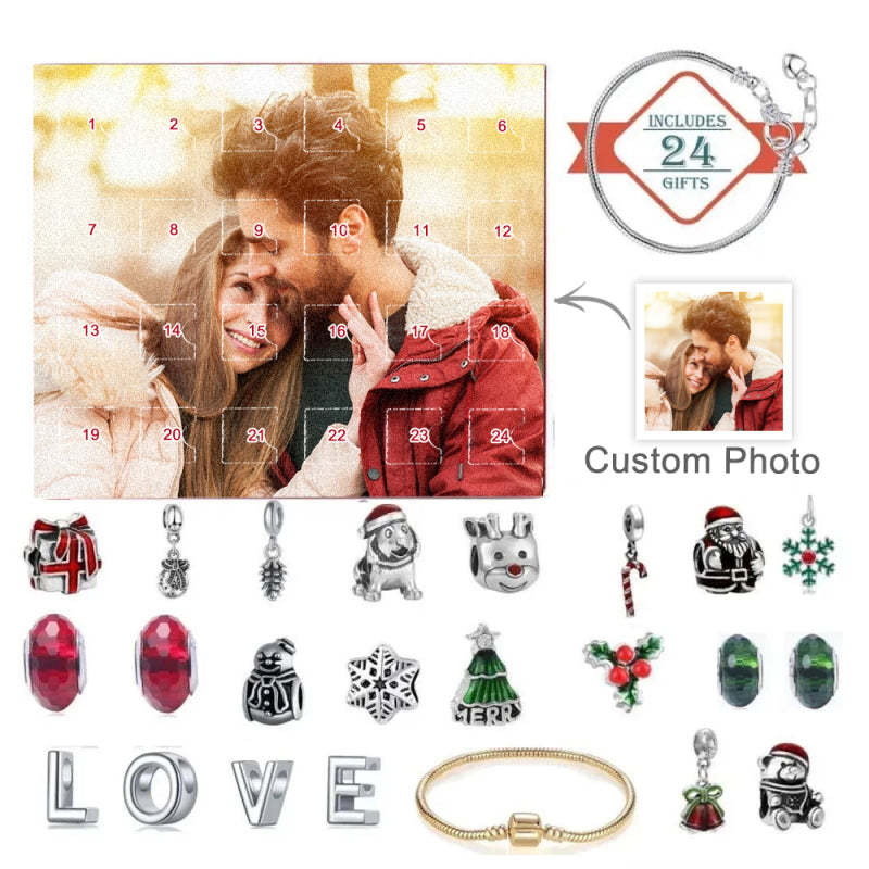 Bijoux Photo Personnalisés Calendrier De L'avent Charme Photo Surprise De Noël Bracelet Boîte Aveugle 24 Calendrier Compte À Rebours Boîte Cadeau Bracelet - votrecollierprenomfr